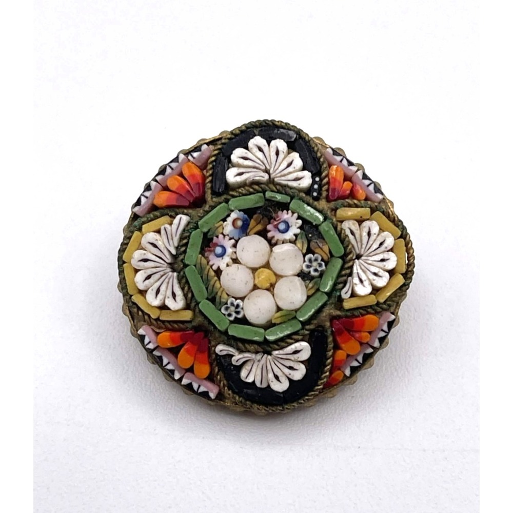 Italian Micro Mosaic Floral Brooch Pin Round Brass Made in Italy C Clasp